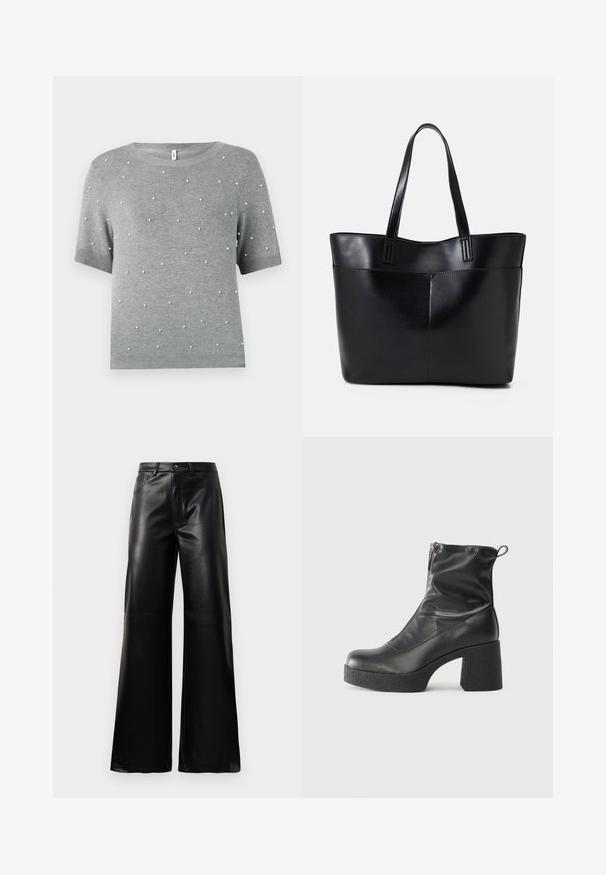 Grå kortärmad tröja med rund hals och spridda vita pärlliknande detaljer. Mjuk stickad textur med ribbad nederkant och ärmar.; Svarta högmidjade vida byxor i konstläder med framknapp, dragkedjestängning, bältesöglor och sidofickor på vit bakgrund.; Svarta ankelstövlar i slitstark läder, med sidodragkedja, kraftig strukturerad klack och rundad tådesign.; Svart läder tote-väska med två långa handtag, en slät yta och en strukturerad form. Har en framficka för extra förvaring.