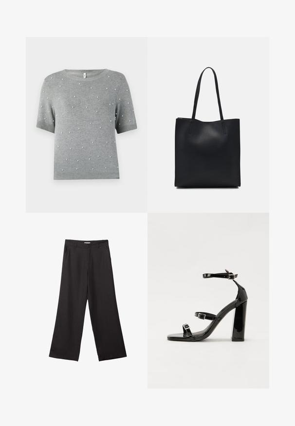 Sivi pulover kratkih rukava s okruglim izrezom i raspršenim bijelim perlama. Meki pleteni materijal s rebrastim rubovima i rukavima.; Crne hlače širokog kroja izrađene od glatkog materijala, s prednjim patentnim zatvaračem i dva bočna džepa, s prilagođenim fitom i minimalističkim dizajnom.; Crne lakirane sandale na pete sa kvadratnim nosom, trakama oko gležnja i srebrnim kopčama. Imaju čvrst blok petu za stabilnost.; Crna kožna torba za nošenje s glatkom teksturom, pravokutnim oblikom i dvije duge ručke. Nema vidljivih metalnih dijelova ili ukrasa.