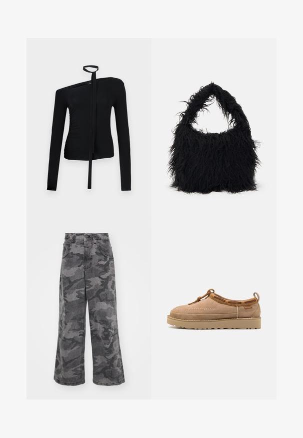 T-shirt preto de manga longa com decote assimétrico, detalhe de laço no pescoço e franzido de um lado para uma silhueta ajustada.; Calças de ganga largas de camuflagem em tons de cinza, feitas de denim, com dois bolsos laterais e um design de cintura alta. Tecido texturizado com um padrão impresso.; Sapato slip-on em camurça castanho claro com biqueira arredondada, apresentando costura decorativa, detalhes em pele e sola em borracha.; Even&Odd Saco de mão - black