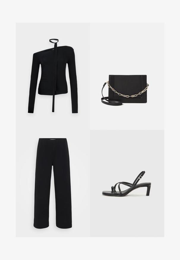 Black long-sleeve top featuring an asymmetric neckline, tie detail at the neck, and ruching on one side for a fitted silhouette.; Black wide-leg pants with an elastic waistband. Made from a textured material, featuring a loose fit and straight cut from hips to hem.; Black strappy sandal with a square toe and a low block heel. Features multiple thin straps and an adjustable ankle strap. Made of smooth leather.; Black leather crossbody bag featuring a smooth texture, rectangular shape, and a metallic chain detail on the front. Adjustable strap included.