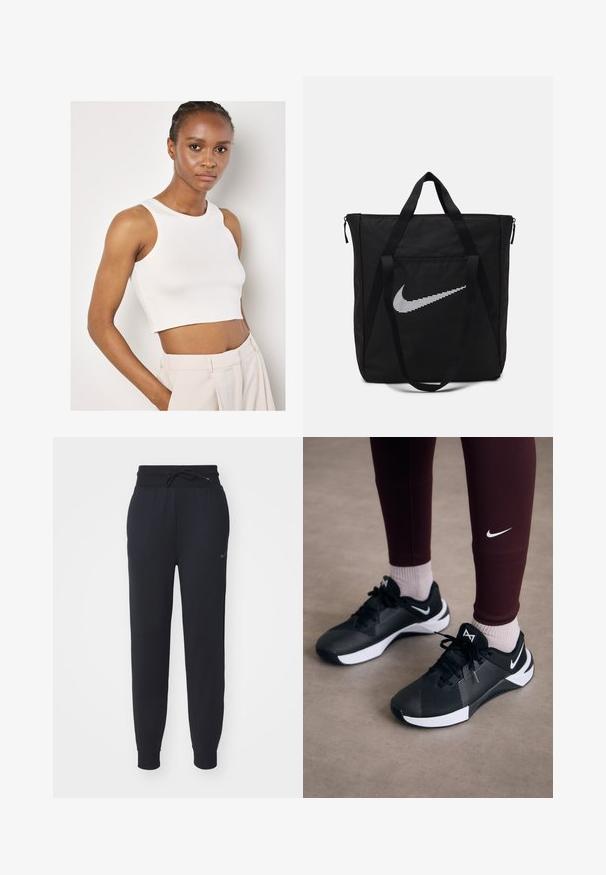 Apricot Top - white; Schwarze Jogginghose aus weichem Material, mit elastischem Bund und Kordelzug, Seitentaschen und einem dezenten Logo am linken Oberschenkel.; Schwarze Sportschuhe mit einer strukturierten Oberseite und weißen Akzenten, versehen mit Schnürsenkeln und einem Seitenlogo. Tragen Sie dazu bordeauxfarbene Leggings und helle Socken.; Schwarze Nylon-Tragetasche mit zwei stabilen Griffen und Reißverschluss. Enthält ein auffälliges weißes Nike-Swoosh-Logo in einem horizontalen Streifendesign.