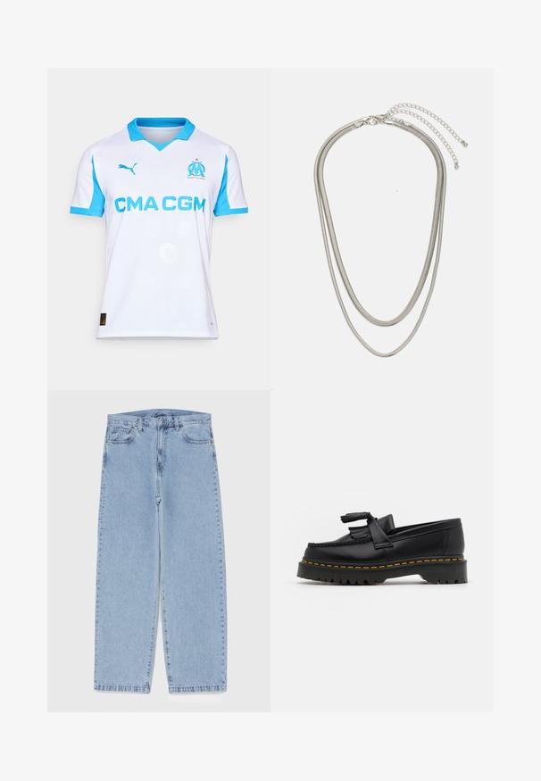 Camiseta de fútbol blanca con acentos en azul claro, con cuello en V, mangas cortas, logo en el pecho y patrones repetidos en una textura sutil.; Jean de mezclilla azul claro con diseño de pierna recta, con una cintura de altura media, cinco bolsillos y un cierre de botón y cremallera.; Mocasín de cuero negro con un acento de borlas, que presenta una suela gruesa negra y costuras amarillas a lo largo del borde. Acabado texturizado.; Collar de metal plateado de tres capas que presenta cadenas flexibles y elegantes con un ligero brillo, asegurado con un cierre de langosta y cadena ajustable.