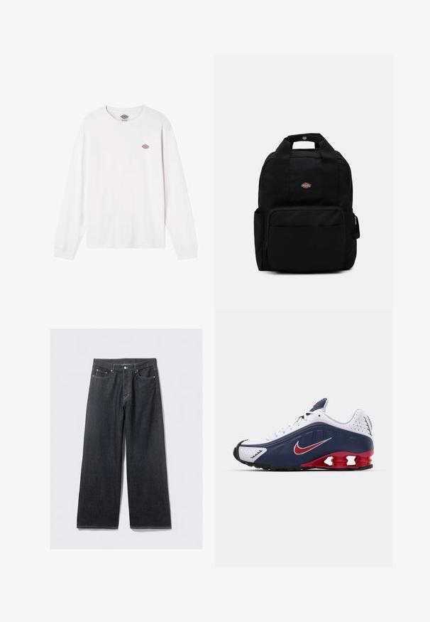 White long-sleeve t-shirt made of cotton. Features a small round multicolored logo on the chest. Simple design with ribbed cuffs.; Dark denim wide-leg jeans with a high waist, featuring copper-tone rivets and contrast stitching, smooth texture, and no visible patterns.; White and navy athletic shoe with red accent, mesh panels, padded collar, and distinctive sole design featuring visible cushioning units.; Black backpack made of durable fabric, featuring two shoulder straps, a top handle, and a front zip pocket. Logo on the front.