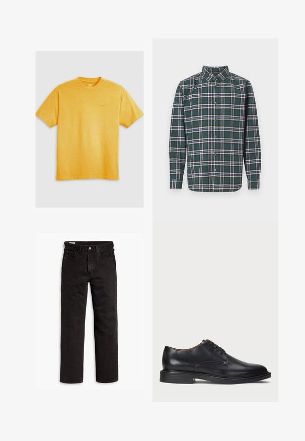 Geltona medvilninė marškinėlė su trumpomis rankovėmis, apvaliu kaklu ir mažuoju išsiuvinėjimu Levi's logotipo priekyje. Lygus paviršius, paprastas dizainas.; Žalias flanelinis marškinis, puoštas plaidiniu raštu su mėlynomis, baltomis ir garstyčių geltonumo linijomis. Mygtukais užsegama priekinė dalis ir smailas apykaklė. Ilgos rankovės.; Juodos tiesios kojų džinsinės kelnės su penkiomis kišenėmis, mygtuko užsegimu ir diržo kilpomis, išdėstytos plokščiai ant balto fono.; Juodas odinis suknių batelis su apvalia nosimi, raišteliais ir žemu, sukrautu kulnu. Lygus paviršius su minimaliais siuvinėjimo detalėmis.
