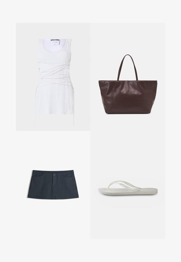 Vitt ribbat linne med korsade snörningar, med rund halsringning och rak fåll. Varumärke: Moschino Couture.; Navyblå randig minikjol med framfickor och en enkel knappstängning i midjan.; Vit flip-flop med en strukturerad sula, som har tunna remmar och en platt design. Tillverkad av gummi med en diskret logotyp på fotsulan.; Brun vävd läderhandväska med två handtag, en strukturerad form och en texturerad yta, med ett diamantmönster över hela ytan.