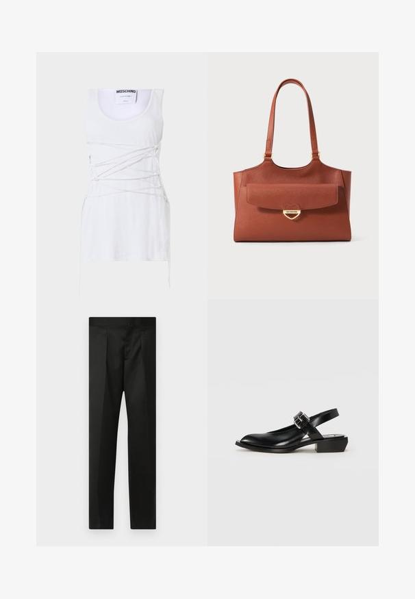 Débardeur blanc à côtes avec des détails en dentelle croisées, présentant un col rond et un ourlet straight. Marque : Moschino Couture.; Pantalon noir en tissu lisse, au design ajusté, jambes droites et ceinture plate sans fermetures ni poches visibles.; Chaussure noire en cuir à dos ouvert avec un bout pointu, un talon carré et une sangle réglable à boucle. Texture lisse avec un design minimaliste.; Sac à fourre-tout en cuir marron avec de longues poignées, poche à rabat à l'avant et fermoir en forme de cœur doré gravé "Love Moschino".