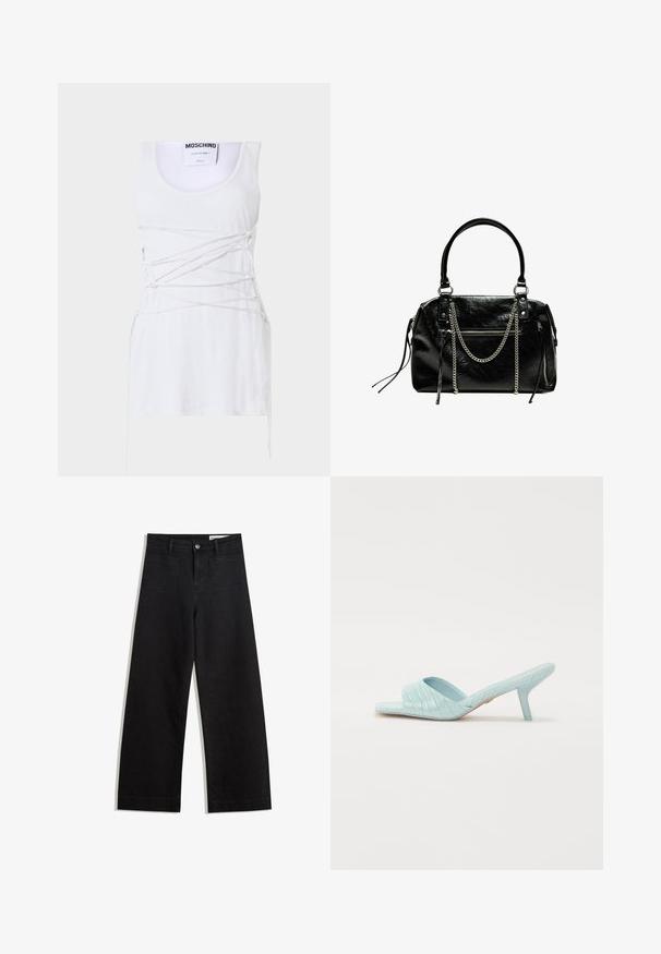 Fehér bordázott ujjatlan top, keresztbe fűzött csipkedetákkal, kerek nyakkivágással és egyenes párral. Márka: Moschino Couture.; Fekete, bő szabású farmernadrág magas derékkal, elülső és hátsó zsebekkel, varrott felületekkel és gombos záródással. Sima textúra.; Világoskék magas sarkú csúszó szandál krokodilbőr textúrával, nyitott orral és vékony stiletto sarokkal. Sima, fényes felület díszítések nélkül.; Bershka WITH CHAIN - Kézitáska - black