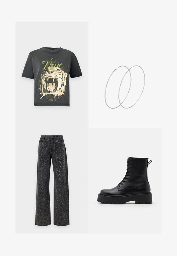 JDY JDYFAROCK ELINA - Triko s potiskem - black; Noisy May NMJANNEL LOOSE - Džíny Relaxed Fit - black denim; Černé kožené kotníkové boty s kulatou špičkou, šněrováním na přední straně a silnou gumovou podešví s texturovaným vzorkem. S poutkem vzadu.; Stříbrné kruhové náušnice s minimalistickým designem. Kruh, hladký povrch a tenký profil. Lehká konstrukce s lesklým povrchem.