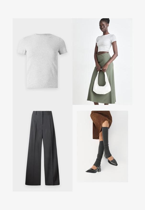 Šedé tričko s krátkým rukávem a kulatým výstřihem, vyrobené z bavlněné směsi, s hladkou texturou a jednoduchým, nezdobeným designem.; Široké kalhoty z tmavě šedé látky, s vysokým pasem, jedním skladem a hladkou texturou s čistým zakončením na lemech.; Černé lakované boty s špičatou špičkou, blokovým podpatkem a kotníkovým páskem, spárované s šedými žebrovanými návleky na nohy a hnědskou sukní z semiše.; Šedý pruhovaný crop top a olivově zelená sukně s vysokým pasem. Modelka drží bílou kabelku přes rameno s výřezovými detaily. Jednoduchý design, přiléhavý silueta.