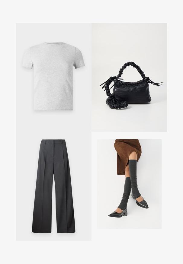 Šedé tričko s krátkym rukávom a okrúhlym výstrihom, vyrobené z bavlnenej zmesi, s hladkou textúrou a jednoduchým, nezdobeným dizajnom.; Nohavice s širokými nohavicami z tmavošedej látky, s vysokým pásom, jedinými záhybmi a hladkou textúrou s čistým zakončením na lemoch.; Čierne lakované kožené topánky s špicatou špičkou, blokovým podpätkom a členkovým remienkom, ktoré sú kombinované so šedými rebrovanými legínami a hnedou zamšovou sukňou.; Čierna umelá kožená kabelka s kroko vzorom, sťahovaným vrchom a zhnutým popruhom. Vyzerá mäkko a kompaktné v dizajne.