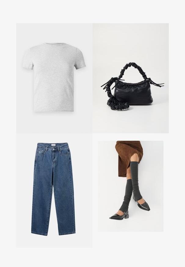 Siva majica s kratkim rukavima i okruglim izrezom, izrađena od mješavine pamuka, s glatkom teksturom i jednostavnim, neukrasnim dizajnom.; Klasične plave traperice s ravnim nogavicama, pet džepova i dugmadom za zatvaranje. Imaju srednje pranje i čvrstu teksturu.; Crne lakirane cipele s šiljastim prstima, blok-petom i remenom oko gležnja, uparene s sivim rebrastim čarapama do koljena i smešnom suknjom od antilopa.; Crna torba od umjetne kože s teksturom krokodila, s cinčanim vrhom i naboranom trakom. Izgleda mekano i kompaktno u dizajnu.