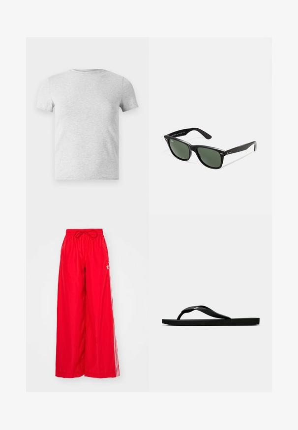 Siva majica s kratkim rukavima i okruglim izrezom, izrađena od mješavine pamuka, s glatkom teksturom i jednostavnim, neukrasnim dizajnom.; Crvene široke hlače od laganog materijala, s bijelim bočnim trakama i elastičnim pojasom sa vezicom.; Crne gumene japanke s teksturiranim remenom i jednostavnom ravnom potplatom, prikazane s strane na jednostavnoj svijetloj pozadini.; Crne plastične sunčane naočale s zelenim staklima, kvadratni okviri, srebrni naglasak na obrvi i teksturirane ručke. Naziv brenda naveden na unutrašnjoj strani ručke.