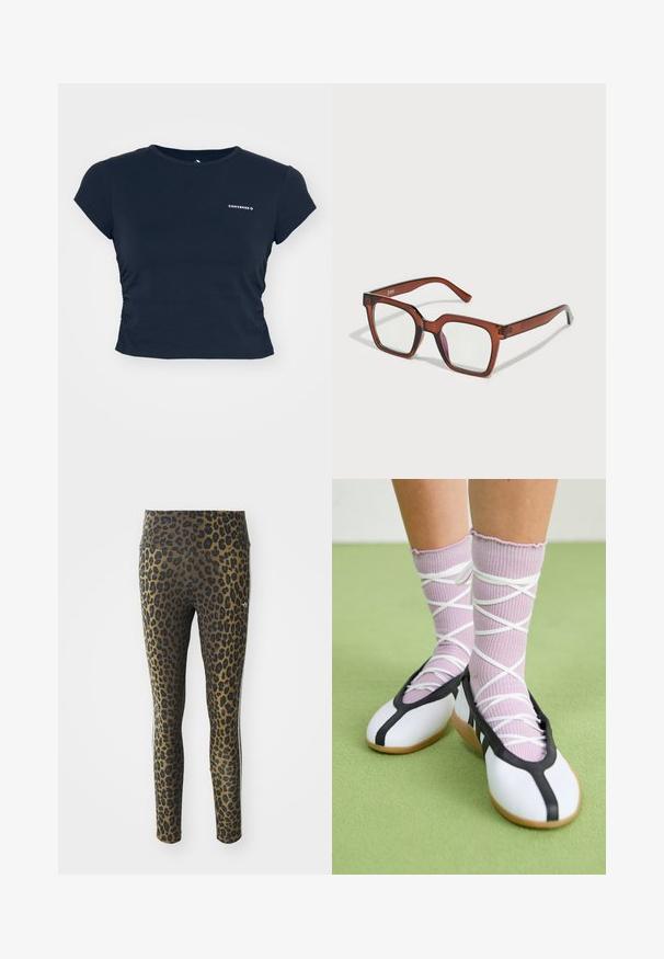 T-shirt cropped azul marinho de manga curta feito de algodão, com um detalhe franzido na lateral e um logo branco "Converse" no peito.; Leggings com padrão de onça, apresentando uma cintura alta, tecido elástico e detalhes pretos sobre uma base castanho claro, projetados para conforto e ajuste.; Sapatos brancos planos com detalhes e solado pretos, combinados com meias caneladas roxas claras com tiras brancas em cruz. Colocados sobre um fundo verde.; Óculos retangulares oversized castanhos com lentes transparentes e uma ligeira tonalidade rosa na lente direita. Armação em plástico com textura suave.