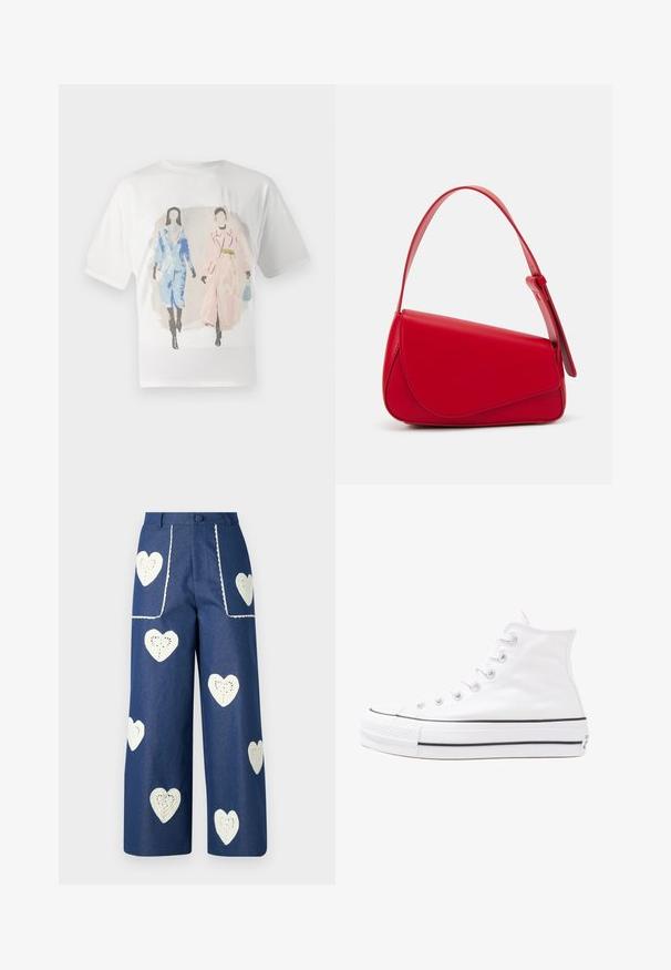 Witte t-shirt met een grafische print van twee figuren in blauwe en roze jassen, tegen een zachte, gedempte achtergrond. Korte mouwen en een ontspannen pasvorm.; Sister Jane HEART TO HEART - Straight leg jeans - blue denim; Witte high-top canvas sneakers met een zwarte rubberen zool, een rubberen neuskap aan de voorkant en zes gaatjes voor veters, met een schone, minimalistische uitstraling.; Rode leren handtas met een hoekig, geometrisch ontwerp. Beschikt over een enkele verstelbare schouderriem en een klepclosure met gestikte details.
