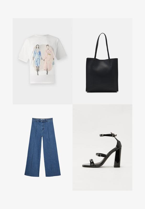 Biely tričko s grafickým potlačou dvoch postáv v modrých a ružových kabátoch, umiestnené na jemnom, tlmenom pozadí. Krátke rukávy a voľný strih.; Rovné džínsy s širokými nohavicami v strednom modrom odtieni, so zvýšeným pásom, zapínaním na gombík a kontrastnými vertikálnymi švami pozdĺž prednej strany.; Čierne lakované sandále na podpätku so štvorcovou špičkou, navlečenými remienkami okolo členku a striebornými prackami. Disponujú masívnym blokovým podpätkom pre stabilitu.; Čierna kožená taška na rameno s hladkým povrchom, obdĺžnikovým tvarom a dvoma dlhými uchami. Bez viditeľného kovania alebo ozdôb.