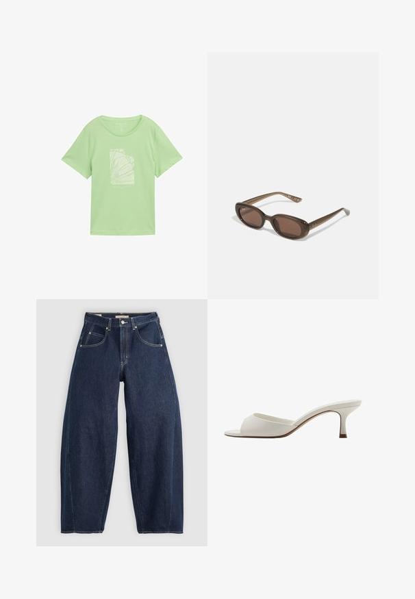 Lys grøn bomulds T-shirt med afslappet pasform, der har et hvidt grafisk print, der viser abstrakte linjer og tekst nedenfor. Korte ærmer, rund halsudskæring.; Mørkeblå denim jeans med løs pasform, lyse syninger, fem lommer og en knaplukning ved taljen.; Hvide åbne højhælede mules med en glat finish, minimalistisk design og en slank hæl, der har en subtil brun accent på sålen.; Brune ovale solbriller med mørke linser. Stellet er lavet af transparent brunt materiale og har et logo trykt på stængerne.; Grøn lædertaske med en glat tekstur, buet form og flettet håndtag. Har lynlås lukning og justerbar rem.