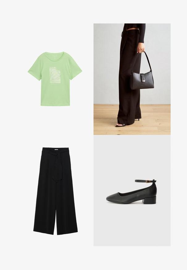 Hele roheline puuvillane T-särk lõdva istuvusega, millel on valge graafiline print, mis kujutab abstraktseid jooni ja teksti all. Lühikesed varrukad, ümmargune kaelus.; Mustad laiad püksid, millel on tekstureeritud kangas, elastne vöökoht ja eemaldatav pael vööst, et reguleerida sobivust.; Must mustaapp, millel on terav nina ja madal blokk-kand. Omab pahkluu rihma koos kuldse tooni pandlaga. Sile tekstuur.; Must musta kott, millel on struktureeritud kuju, sile tekstuur ja metallist klamber. Kombineeritud laiate mustade pükstega ja avatud varvaste sandaalidega puidust põrandal.