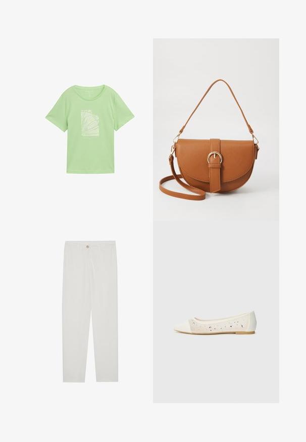 Világoszöld pamut póló laza fazonnal, fehér grafikával, amely absztrakt vonalakkal és alatta szöveggel díszített. Rövid ujjú, kerek nyakkivágású.; Fehér, testreszabott nadrág egyenes szárú szabással, gombos záródással, övcsatolókkal és oldalsó zsebekkel; sima textúrájú anyag.; Krém bőrből készült, hegyes orrú lapos cipő átlátszó felsőrésszel, ami szétszórt gyémántokkal van díszítve. Puha talp a kényelemért, minimalista dizájn.; Barna bőr keresztbody táska ívelt formával, aranyszínű fémrészekkel és csat díszítéssel. Levehető vállpánttal rendelkezik.