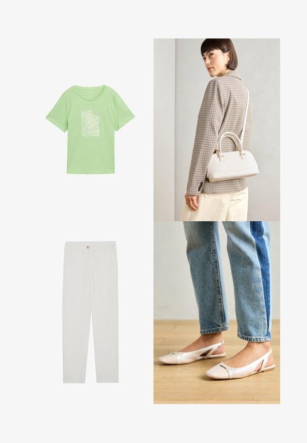 Lys grøn bomulds T-shirt med afslappet pasform, der har et hvidt grafisk print, der viser abstrakte linjer og tekst nedenfor. Korte ærmer, rund halsudskæring.; Hvide, skrædderlavede bukser med lige ben design, udstyret med knaplukning, bæltesløjfer og sidelommer; glat stoftekstur.; Lyserøde slingback flade sko med spidse tær, lavet af et glat læderlignende materiale. Har udskæringsdetaljer på siderne og en flad hæl.; Hvid struktureret taske med korte håndtag og en skulderrem, prydet med guldfarvede hardwaredetaljer og tekstureret materiale, præsenteret mod en grå baggrund.