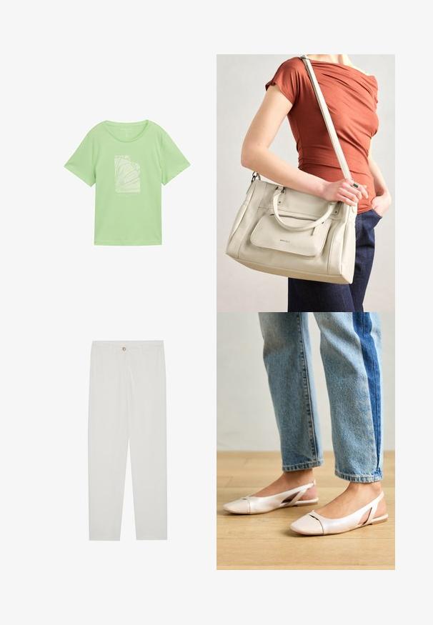 Světle zelené bavlněné tričko s volným střihem, s bílým grafickým potiskem zobrazujícím abstraktní linie a text pod ním. Krátké rukávy, kulatý výstřih.; Bílé kalhoty na míru s rovnými nohavicemi, se zapínáním na knoflík, poutky na opasek a bočními kapsami; hladká struktura látky.; Světle růžové slingback baleríny s špičatou špičkou, vyrobené z hladkého koženému materiálu. Obsahují vystřihovací detaily po stranách a plochý podpatek.; Bílá kožená kabelka s dvojitými uchy a odnímatelným popruhem, která má přední zipovou kapsu a hladký povrch. Nese se na paži osoby.