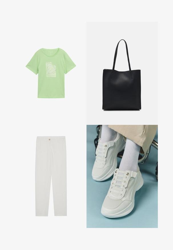 Lys grøn bomulds T-shirt med afslappet pasform, der har et hvidt grafisk print, der viser abstrakte linjer og tekst nedenfor. Korte ærmer, rund halsudskæring.; Hvide, skrædderlavede bukser med lige ben design, udstyret med knaplukning, bæltesløjfer og sidelommer; glat stoftekstur.; Hvide sneakers med mesh-materiale, gummisål, snørebåndsfri design med elastiske bånd og guldtonede accenter.; Sort læder tote taske med glat tekstur, rektangulær form og to lange hanke. Ingen synlig hardware eller udsmykninger.