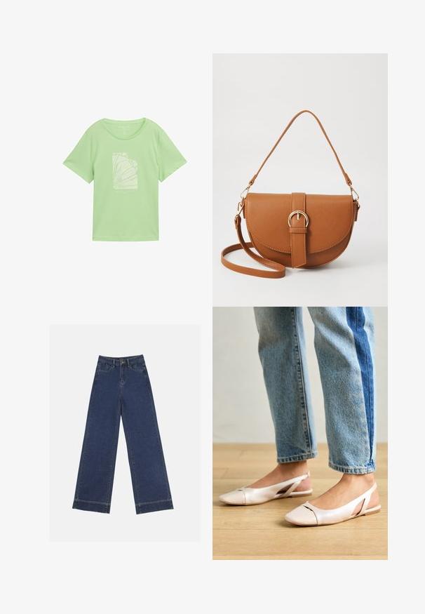 Lichtgroene katoenen T-shirt met een losse pasvorm, voorzien van een witte grafische print met abstracte lijnen en tekst eronder. Korte mouwen, ronde halslijn.; Wide-leg jeans in donkerblauwe denim. Voorzien van vijf zakken, riemlussen en een rauwe zoom onderaan met zichtbare stikseldetails.; Zachtroze slingback ballerina's met een spitse neus, gemaakt van een glad leerachtig materiaal. Bevat uitsnijdingen aan de zijkanten en heeft een platte hak.; Bruine leren schoudertas met een gebogen vorm, gouden hardware en een gespaccent. Bevat een afneembare schouderriem.