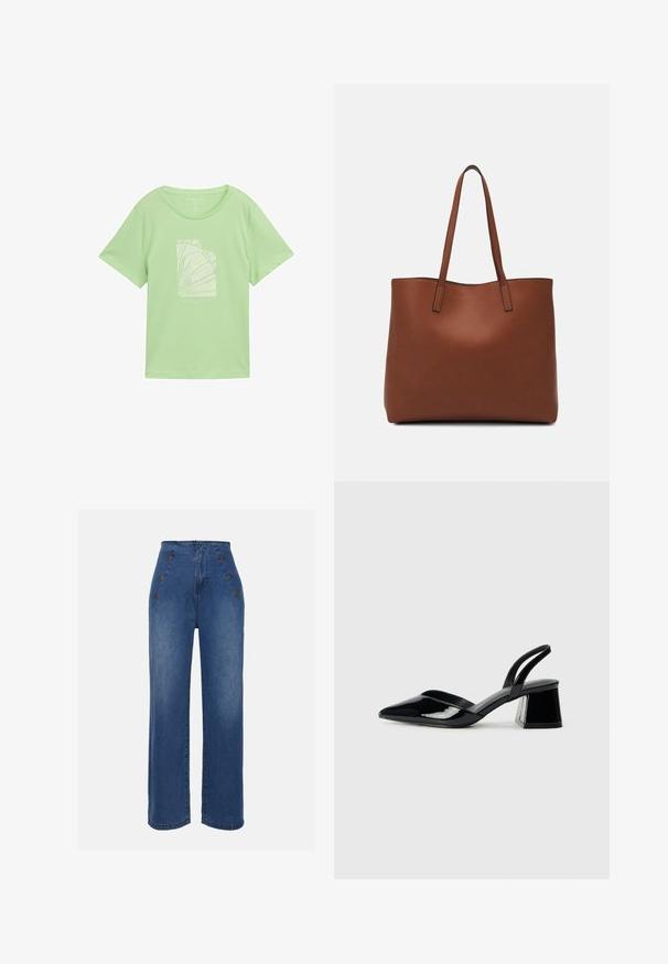 Lichtgroene katoenen T-shirt met een losse pasvorm, voorzien van een witte grafische print met abstracte lijnen en tekst eronder. Korte mouwen, ronde halslijn.; Hoge taille denim jeans in medium blauw. Bevat knopen aan de voorkant en een wijde pijpontwerp. De stof heeft een gladde textuur met een lichte vervaging.; Zwarte gepatineerde leren slingback hakken met een spitse neus en een geometrische blokhak. Kenmerkt zich door een slank, minimalistisch ontwerp en een gladde textuur.; Bruine leren tote bag met een gladde textuur, een ontwerp met een open bovenkant en twee schouderbanden. Kenmerkt zich door minimale stiksels en geen zichtbare hardware.