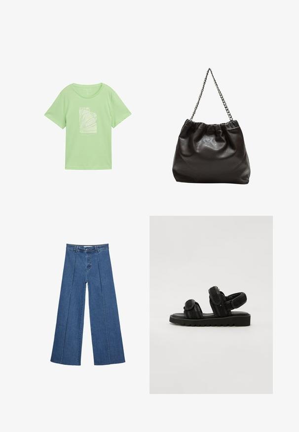 Svetlozelené bavlnené tričko s voľným strihom, s bielou grafickou potlačou zobrazujúcou abstraktné línie a text pod ňou. Krátke rukávy, okrúhly výstrih.; Rovné džínsy s širokými nohavicami v strednom modrom odtieni, so zvýšeným pásom, zapínaním na gombík a kontrastnými vertikálnymi švami pozdĺž prednej strany.; Čierne sandále s hrubými, textúrovanými popruhmi a nastaviteľnými uzávermi. Majú robustnú, ryhovanú podrážku pre trakciu a pohodlie.; Hnedá kožená taška so zberaným vrchom a reťazovým popruhom. Hladký povrch s lesklým finišom a jemným švom po stranách.
