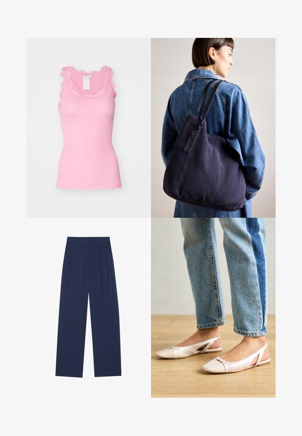 Rosemunde BABETTE U NECK - Topp - dolly pink; Tumedat sinised laiad püksid pehmest kangast, millel on esipleekid, sile pind ja sirge lõige, ilma nähtavate taskuteta.; Kahvatu roosa slingback lapikute jalatsite paar, millel on terav varvas, valmistatud siledast nahataolisest materjalist. Omab külgedel lõikekohti ja lapikut kontsa.; Tumesinise kangast õlalauk, millel on pehme, struktureeritud kuju, must rihm, tikandiga detailid ja väike brändi silt.