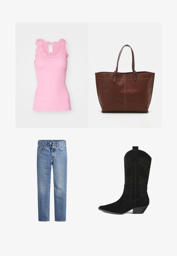 Rosemunde BABETTE U NECK - Felső - dolly pink; Világoskék farmernadrág egyenes szabással, öt zsebes dizájnnal és gombos nyereggel. Finom kopásokkal és narancssárga varrási részletekkel rendelkezik.; Fekete nubukbőr cowboy csizma hegyes orral, közepes magasságú szárnnyal és cikkcakk mintázattal. Alacsony, keskeny sarka van.; Barna bőr bevásárlótáska dupla fogantyúval, kontrasztvarrás jellemzi, tágas kialakítással, mindennapi használatra alkalmas.