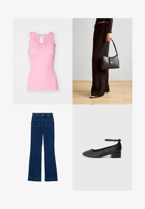 Rosemunde BABETTE U NECK - Topper - dolly pink; Jeans i mørkeblå denim med vide ben, glatt tekstur, fem lommer og knappland i midjen.; Sorte skinnpumper med spiss tå og lav blokkhelt. Har ankelrem med gullfarget spenne. Glatt tekstur.; Svart håndveske med strukturert form, jevn tekstur og metallisk lås. Kombinert med brede svarte bukser og sandaler med åpen tå på tregulv.
