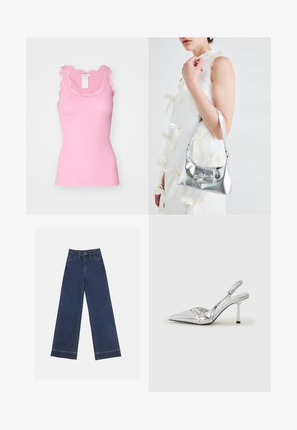 Rosemunde BABETTE U NECK - Top - dolly pink; Wide-leg jeans in dark blue denim. Features five pockets, belt loops, and a raw hem at the bottom with visible stitching details.; Silver slingback high heel shoe with a pointed toe, metallic finish, two decorative straps, and a slender heel with a black tip.; Silver metallic handbag with a structured shape, featuring a top handle and bow detail on the front. Smooth texture, reflective finish.