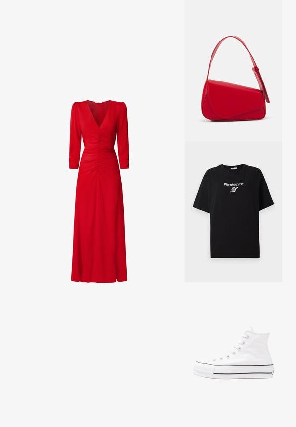 Μαύρο βαμβακερό t-shirt με άνετη εφαρμογή. Διαθέτει λευκό κείμενο "Στοιχεία πλανήτη" και μια γραφική απεικόνιση ενός πλανήτη. Κοντά μανίκια και στρογγυλή λαιμόκοψη.; Κόκκινο φόρεμα με V ντεκολτέ, τρία τέταρτα μανίκια και ρουσλάρισμα στη μέση και την πλάτη. Το ύφασμα φαίνεται λείο και ελαφρύ.; Λευκό ψηλό καμβαδάκι αθλητικό παπούτσι με μαύρη καουτσούκ σόλα, πρόσθιο καουτσούκ καλύμματος δακτύλου και έξι οπές για κορδόνια, με μια καθαρή και μίνιμαλ σχεδίαση.; Κόκκινη δερμάτινη τσάντα χειρός με γωνιακό, γεωμετρικό σχέδιο. Διαθέτει έναν ρυθμιζόμενο ιμάντα και κλείσιμο με καπάκι που έχει ραφές.