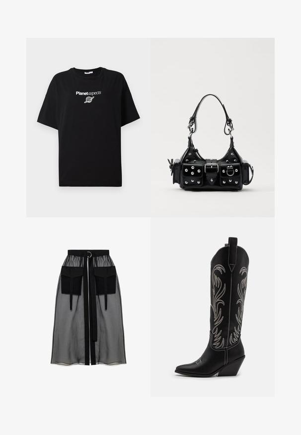 Černé bavlněné tričko s volným střihem. Vyznačuje se bílým textem "Planet aspects" a grafikou planety. Krátké rukávy a kulatý výstřih.; Černá průhledná sukně s nařaseným pasem, která má dvě velké přední kapsy, páskový uzávěr a kulatý kovový akcent.; Černé kožené kovbojské boty s špičatými špičkami, podpatky ve tvaru klínu a stříbrně vyšívanými květinovými vzory po celé délce. Kontrastní prošívání po celém obvodu.; Černá kožená kabelka s křivkovým designem, zdobená stříbrnými hřebíky, s přezkou a dvěma bočními kapsami. Nastavitelný popruh pro různé možnosti nošení.