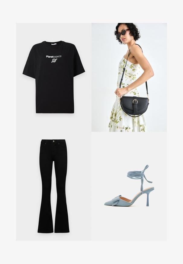 Svart bomull t-skjorte med avslappet passform. Har hvit tekst "Planet aspects" og et grafisk motiv av en planet. Korte ermer og rund hals.; Sorte høytlivsjeans med knapp og glidelås, frontlommer og utsvingte bein liggende flatt på en hvit bakgrunn.; Pekepusted hæl sko i lyseblå stof med en tekstureret finish, med en sløjfeaccent og ankelrem for en sikker pasform.; Svart lærveske med en buet form, avtagbar stropp og gullbeslag. Vesken har et klaff med spenne-detall.