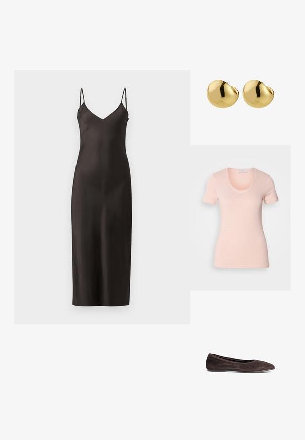 Short-sleeve, scoop-neck t-shirt in light pink. Made from soft, textured fabric with a relaxed fit and clean seams.; Black satin slip dress with thin adjustable straps, V-neckline, and a straight, floor-length silhouette. Smooth texture and minimalist design.; Brown suede ballet flat with a pointed toe and low profile. Features smooth texture and minimalistic design. No visible hardware or accents.; Woven straw tote bag in beige, featuring black leather handles and silver hardware. Spacious, curved shape with textured surface.; Pilgrim JACE - Earrings - gold-coloured