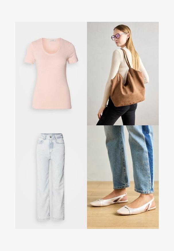 Lühikeste varrukatega, ümar kaelus t-särk heleses roosas. Valmistatud pehmest, tekstuuriga kangast, millel on lõdva lõike ja puhtad õmblused.; Heledad sinise värvi kõrge vöökoht ja sirge sääre lõikega teksad, valmistatud denimist. Omavad nööbivälist, viit taskut ja kerget fadeeritud tekstuuri.; Kahvatu roosa slingback lapikute jalatsite paar, millel on terav varvas, valmistatud siledast nahataolisest materjalist. Omab külgedel lõikekohti ja lapikut kontsa.; Pruunist suedi kott pehme tekstuuriga, suure ava ja pikkade rihmadega. Omab lihtsat disaini nähtava õmblusega ja ilma metalldetailideta.