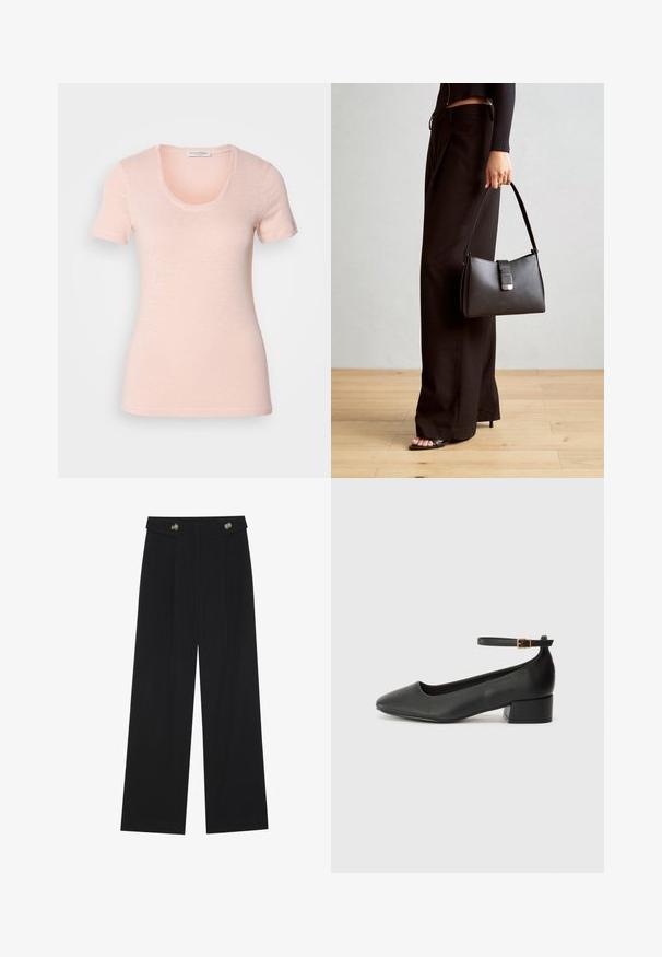 T-shirt a maniche corte e scollo rotondo in rosa chiaro. Realizzato in tessuto morbido e testurizzato, con una vestibilità comoda e cuciture pulite.; Pantaloni neri a gamba larga con vita alta, dettagli con bottoni in vita e pieghe frontali.; Pump in pelle nera con punta affusolata e tacco basso a blocco. Presenta una cinghia alla caviglia con una fibbia in tonalità oro. Texture liscia.; Borsa nera con forma strutturata, texture liscia e una chiusura metallica. Abbinata a pantaloni neri larghi e sandali open-toe su un pavimento in legno.; Anello doppio in argento con superficie liscia e lucida. Presenta un design fluido e curvo con sezioni sovrapposte per un aspetto moderno.
