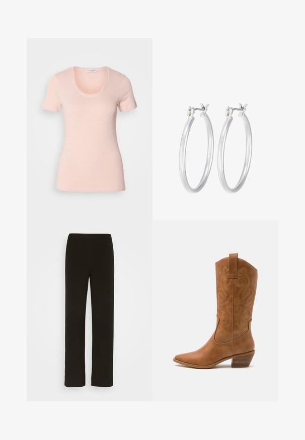 Kortærmet t-shirt med scoop-halsudskæring i lyserød. Fremstillet af blødt, tekstureret stof med en afslappet pasform og rene sømme.; Sorte, lige bukser lavet af vævet stof, med flad front, to sidelommer og en glat tekstur. Ingen synlige mønstre eller accenter.; Tan læder cowboystøvle med spids tå, broderede svirvelmønstre på skaftet og en stablet blokhæl. Har en træksløjfe for nem af/på.; Sølv hoop øreringe med en glat, poleret overflade. Rund form og sikker klik-lukning. Letvægtsdesign, der er velegnet til hverdagsbrug.