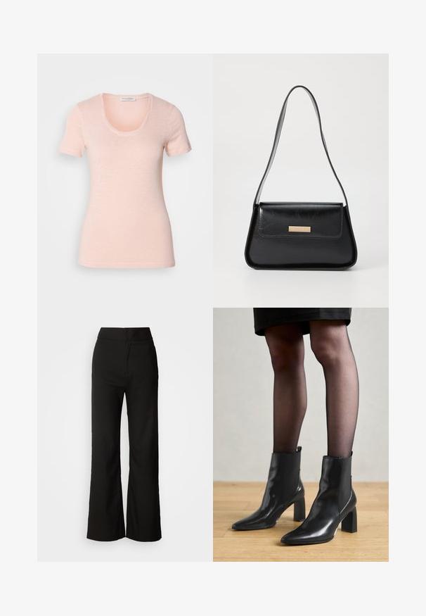 Kurzarm-T-Shirt mit Rundhalsausschnitt in Hellrosa. Hergestellt aus weichem, strukturiertem Stoff mit lockerem Sitz und sauberen Nähten.; Schwarze weit geschnittene Hosen mit glatter Textur, hoher Taille und klarem Design. Keine sichtbaren Taschen oder Verzierungen.; Schwarze Leder-Ankle-Boots mit spitzer Zehenform, klobigem quadratischem Absatz und schlankem Design. Verfügt über elastische seitliche Einsätze für leichtes An- und Ausziehen.; Schwarze Lederhandtasche mit einer strukturierten dreieckigen Form, schmalem Trageriemen und goldfarbenen Beschlägen, die über ein Logo-Emblem auf der vorderen Klappe verfügt.; Silberne Creolen mit minimalistischem Design. Rundform, glatte Oberfläche und dünnes Profil. Leichtgewichtig mit hochglänzender Oberfläche.
