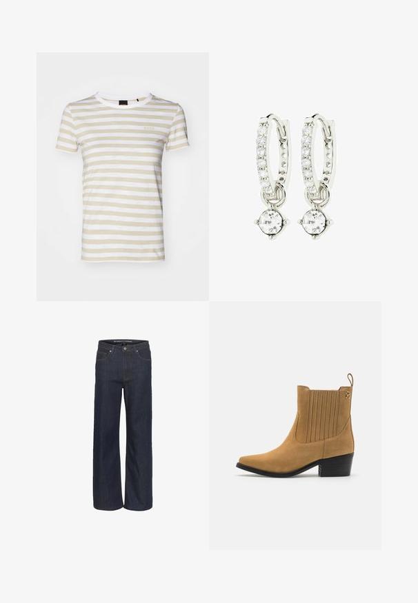 Svetlo bež in bel majica s kratkimi rokavi in okroglim izrezom. Na prsih je manjša oznaka. Mehka tkanina.; Temno jeans širokega kroja z visokim pasom, ki imajo pet žepov, kontrastno šivanje in surov rob na dnu.; Bojen naglavni čevlji iz brušene usnje v bež barvi, s koničastim nosom, rebrastimi stranskimi paneli in črnim blokastim peto. Imajo zanka za enostavno obuvanje.; Srebrnonosni uhani v obliki obroča z vrsto prozornimi kamni in okroglo kristalno obesku, ki visi iz vsakega. Poliran kovinski material, eleganten dizajn.