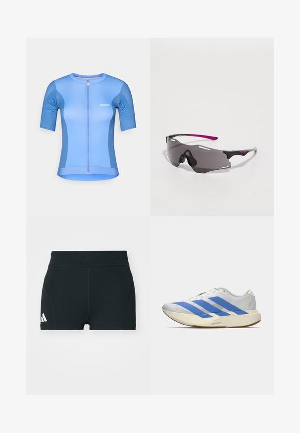 Krátký rukáv cyklistický dres ve světlé modré barvě, s předním zipem, POC brandingem a hladkým, pružným materiálem pro pohodlí a flexibilitu.; Černé sportovní šortky vyrobené z elastického materiálu, s vysokým pasem, těsným střihem a bílým logem Adidas na levé straně.; Bílé sportovní boty s modrými pruhy, texturovaný svršek, plochá podrážka a branding "LIGHTSTRIKE PRO" na boku. Nízkoprofilový design.; Sportovní sluneční brýle s elegantním černým rámem, fialovými akcenty a tmavými tónovanými skly. Mají obepínající design s ventilačními otvory.