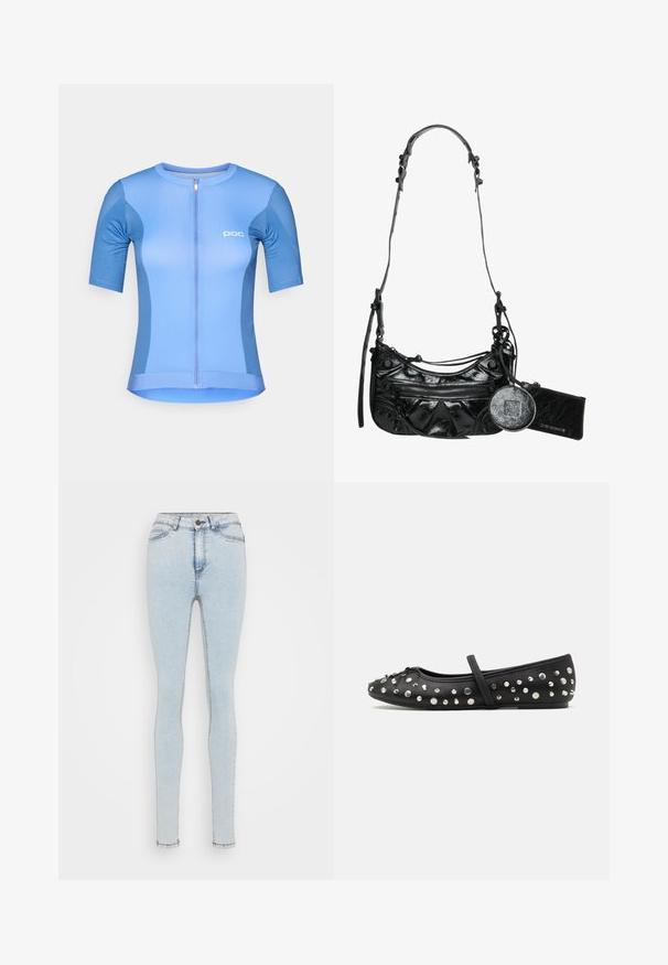 Kortærmet cykeltrøje i lyseblå, med en frontlynlås, POC-branding og glat, strækbart stof for komfort og fleksibilitet.; Lyseblå høj-taljede skinny jeans med frontknap og lynlås, for- og baglommer, præsenteret mod en hvid baggrund.; Sorte ballerinaer lavet af læder, med dekorative sølvnitter. Inkluderer en rem over vristen og et rundt tådesign.; Sort syntetisk læder håndtaske med en buet design, lynlåslomme foran og dekorativ hardware med en aftagelig rund møntpung.