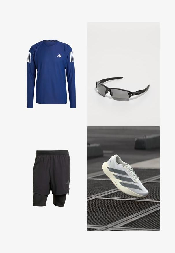 Marineblauwe hardloopshirt met lange mouwen, gemaakt van gestructureerde stof, met witte strepen op de schouders en een klein wit logo op de borst.; Zwarte sportshorts met geïntegreerde binnenlaag, gemaakt van ademend materiaal. Bevat een subtiele logo en gestructureerde textuur. Verstelbare tailleband.; Witte sportieve schoen met een bovenwerk van gestructureerd mesh, voorzien van grijze strepen en een dempende zool. Lichtgewicht ontwerp, geschikt om mee te hardlopen.; Zwarte sportzonnebril met grijze lenzen, een gebogen frameontwerp en logo-detail aan de zijkant. Gemaakt van lichtgewicht kunststof materiaal.