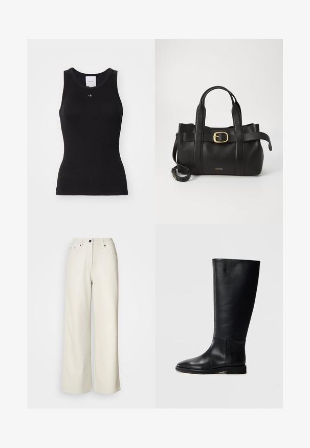 Juodas medvilnės maikutė be rankovių, prigludusio silueto, su apvalia iškirpte ir balta logo "ck" išspausdinta ant krūtinės, pasižyminti lygiu paviršiumi.; Kreminės plačios kojos kelnės, pagamintos iš lygaus audinio. Turi vidutinio aukščio liemenį, užtrauktuką ir dvi priekines kišenes su juodais metaliniais akcentais.; Juodos odinės kelio ilgio boot'ai su apvaliu pirštu, lygia tekstūra, minimalistiniu dizainu ir plokščiu padu. Paprasti siuvinėjimo detalės ant šonu.; Juodas odinis rankinės maišas su struktūrizuotu dizainu, dviem viršutinėmis rankenomis, auksinės spalvos sagtimi ir iškilniu prekės ženklu priekyje.