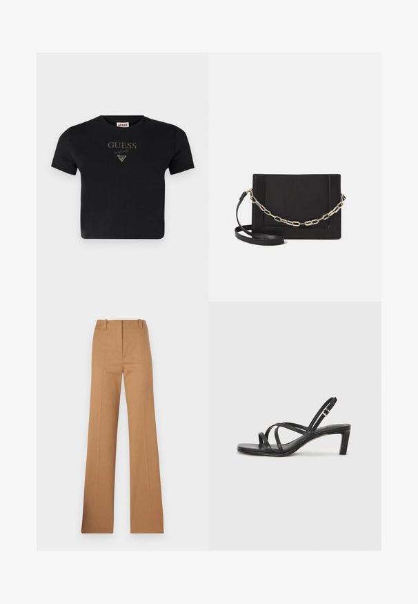 Črna skrajšana majica iz bombaža s kratkimi rokavi, okrašena z zlatim vezenjem "GUESS originals" in s trikotnim logotipom.; HUGO HULANA - Hlače chino - open brown; Črne natikače s trakovi in kvadratnim prstom ter nizkim blokastim peto. Imajo več tankih trakov in nastavljiv trak okoli gležnja. Narejene so iz gladkega usnja.; Črna usnjena torba čez ramo z gladko teksturo, pravokotno obliko in kovinskim verižnim detajlom spredaj. Vključena je nastavljiva naramnica.