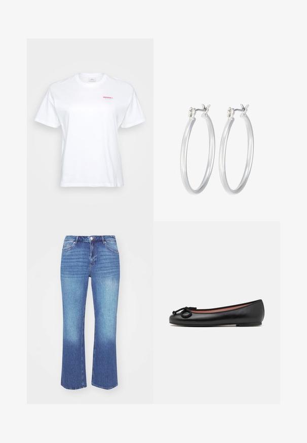 Biely tričko s malým červeným a tyrkysovým logom "CRUSH it." na ľavej strane hrudníka, zobrazené na neutrálnom pozadí.; Džínsy v svetlom až stredne modrom prechode. Majú rovný strih, päť vreciek a prešité detaily pozdĺž švov.; Čierne kožené balerínky s okrúhlou špičkou, majú dekoratívnu mašľu a hladký povrch. Minimalistický dizajn s nízkou, plochou podrážkou.; Strieborné kruhové náušnice s hladkým, lesklým povrchom. Kolový tvar a bezpečné klikanie na uzatváranie. Ľahký dizajn vhodný na každodenné nosenie.