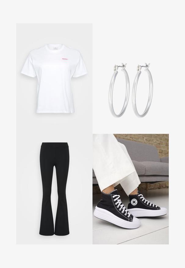 Valge t-särk, millel on vasakul rinnal väike punane ja türkiissinine "CRUSH it." logo, esitatud neutraalses taustas.; Mustad flared püksid venivast kangast, kõrge vöökoht ja sile tekstuur. Püksid laienevad põlve kohalt.; Mustad kõrge säärega tossud valgete kummist tallade ja paeltega. Omad ümmargust logomärki ja kontrastset valget õmblust. Materjaliks lõuend.; Hõbedased rõngaskõrvarõngad, millel on sile, läikiv viimistlus. Ümmargune kuju ja turvaline klõpsulatus. Kerge disain, sobib igapäevaseks kandmiseks.
