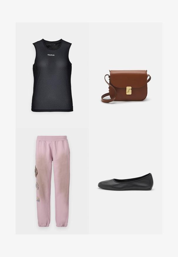 Black sleeveless mesh tank top with a round neckline, featuring a breathable design and GripGrab logo on the front. Textured look.; Pink sweatpants with an elastic waistband, featuring decorative patches in diamond shapes on the left side and elastic cuffs at the ankles.; Black leather ballet flat with a rounded toe, smooth texture, minimal stitching detail, and a flexible sole design.; Brown leather handbag with a flap closure, gold-tone hardware, a shoulder strap, and a smooth texture. Compact rectangular shape.