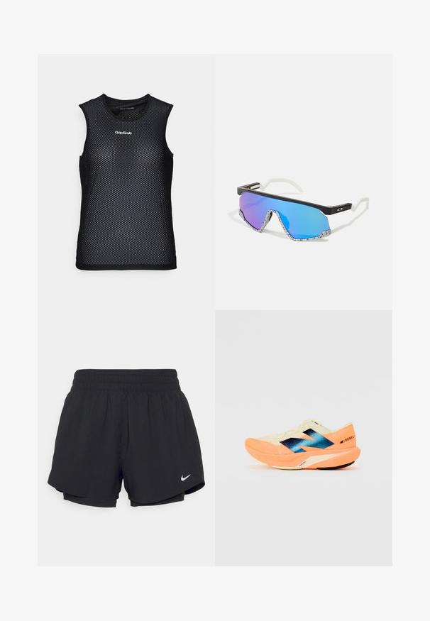 Juoda be rankovių tinklinė maikutė su apvaliu kaklu, turinti kvėpuojantį dizainą ir GripGrab logotipą priekyje. Strukturizuotas vaizdas.; Juodi sportiniai šortai su susiūtu elastingu juosmeniu, vidiniu pamušalu ir baltu „Nike“ logotipu apatiniame kairiajame kampe. Lygus, lengvas audinys.; Bėgimo bateliai su lengvu kreminiu viršumi, mėlynu ženklinimu ir oranžiniais akcentais ant pado. Tinklelis, užtikrinantis kvėpavimą.; Sportiniai akiniai nuo saulės su juodu rėmu, baltais akcentais ir mėlynais gradientiniais veidrodiniais lęšiais. Tekstūruotos baltos ir juodos raštuotos šakės.